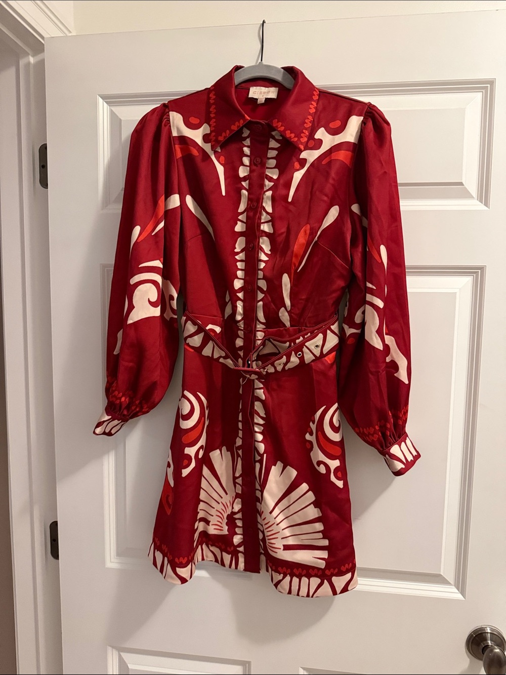 Bold Red Printed Mini Dress with Belt
